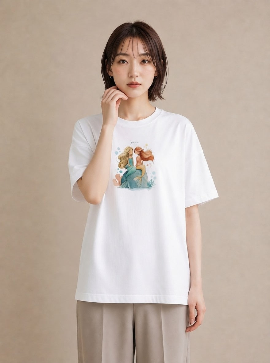 プリントTシャツ レディース 人魚 海の生き物 海 イラスト 韓国風 帰省 ラフ 白T YMAZO