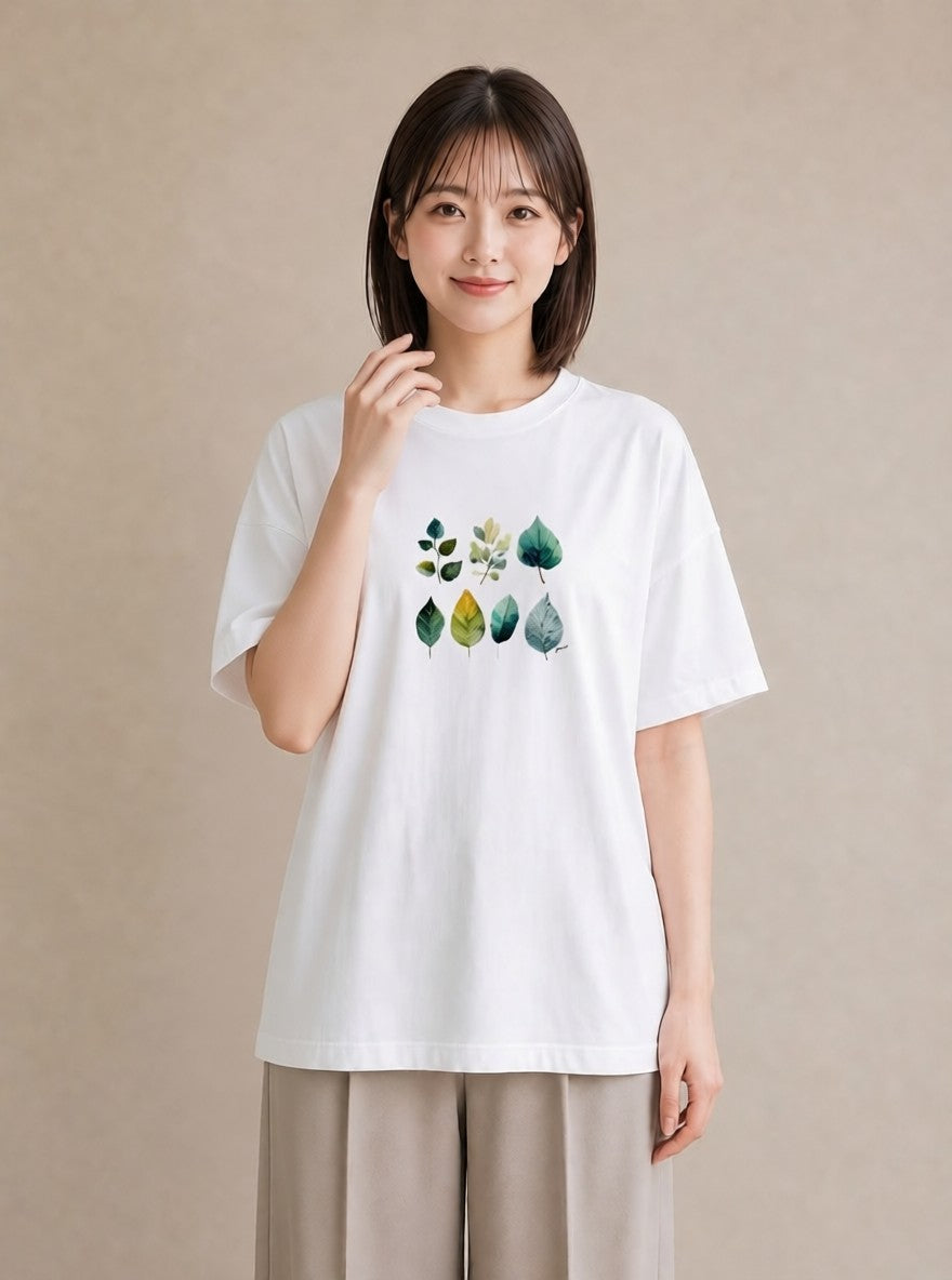 デザインTシャツ レディース 葉っぱ 植物 ボタニカル イラスト 線画 親子 20代 白T YMAZO