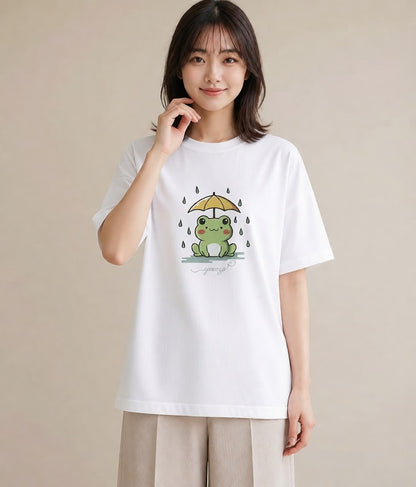 プリントTシャツ レディース 傘 水たまり 雨 ナチュラル アンティーク イラスト きれいめ デート 帰省 白T YMAZO
