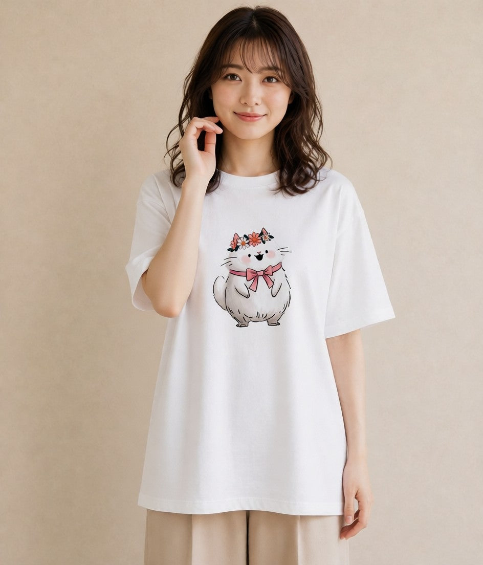 デザインTシャツ レディース 白猫 猫 ねこ イラスト レトロ カフェ巡り 女子会 白T YMAZO