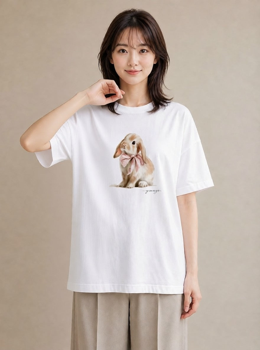 Tシャツ レディース ミニうさぎ ペット 動物 イラスト 普段使い 敬老の日 ホワイトデー 白T YMAZO