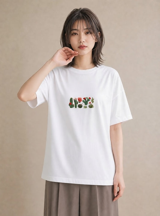 デザインTシャツ レディース サボテン 植物 ボタニカル イラスト ラフ 女性 旅行用 白T YMAZO