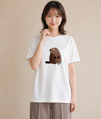 プリントTシャツ レディース カワウソ 動物 アニマル イラスト 北欧風 公園 ママ 白T YMAZO