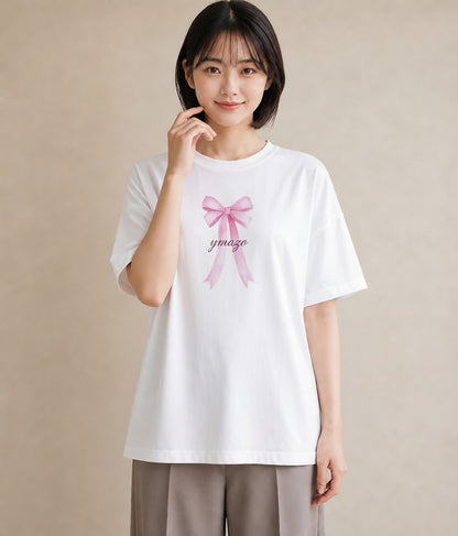 半袖Tシャツ レディース リボン 蝶結び ナチュラル アンティーク イラスト ポップ 母娘コーデ 自分用 白T YMAZO