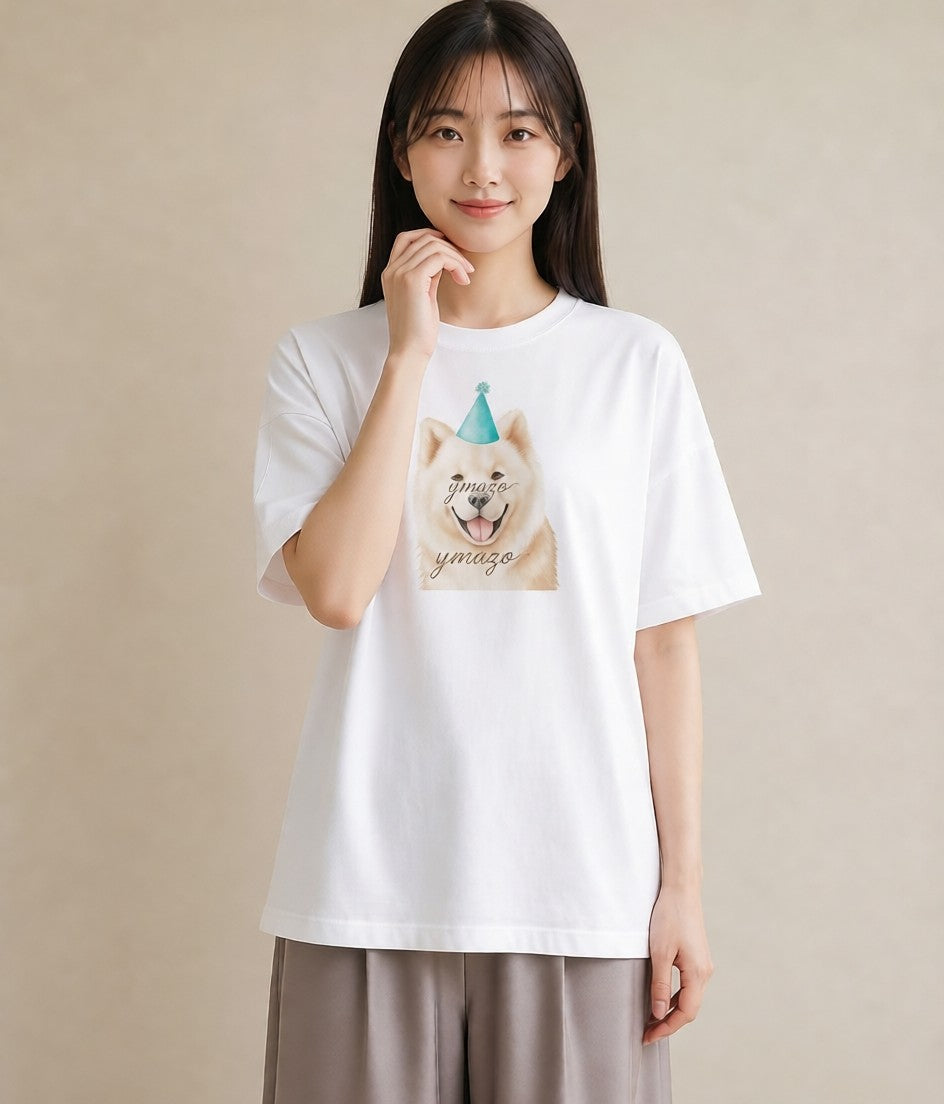 デザインTシャツ レディース サモエド 犬 いぬ イラスト 綿100 デート 白T YMAZO