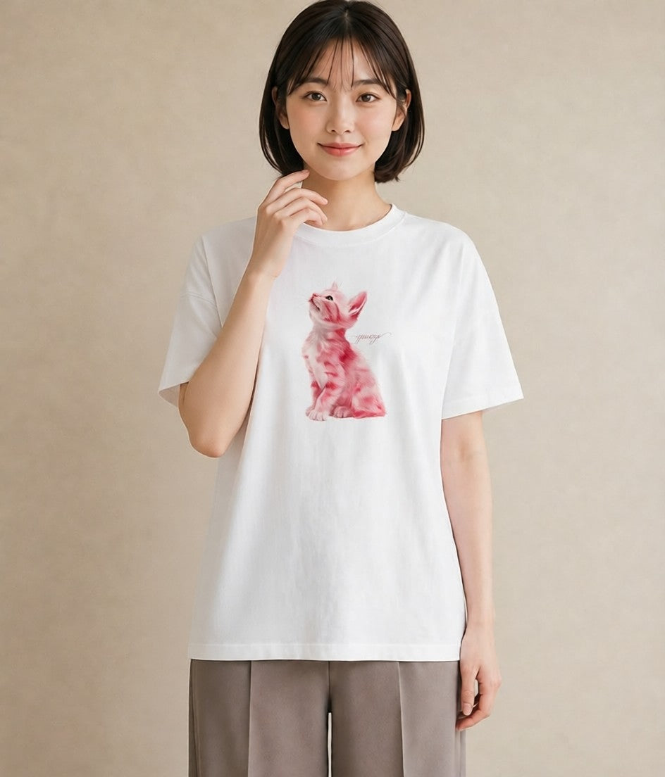半袖Tシャツ レディース しっぽ 猫 ねこ イラスト アート風 ギフト 母の日 白T YMAZO