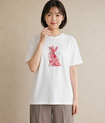 半袖Tシャツ レディース しっぽ 猫 ねこ イラスト アート風 ギフト 母の日 白T YMAZO