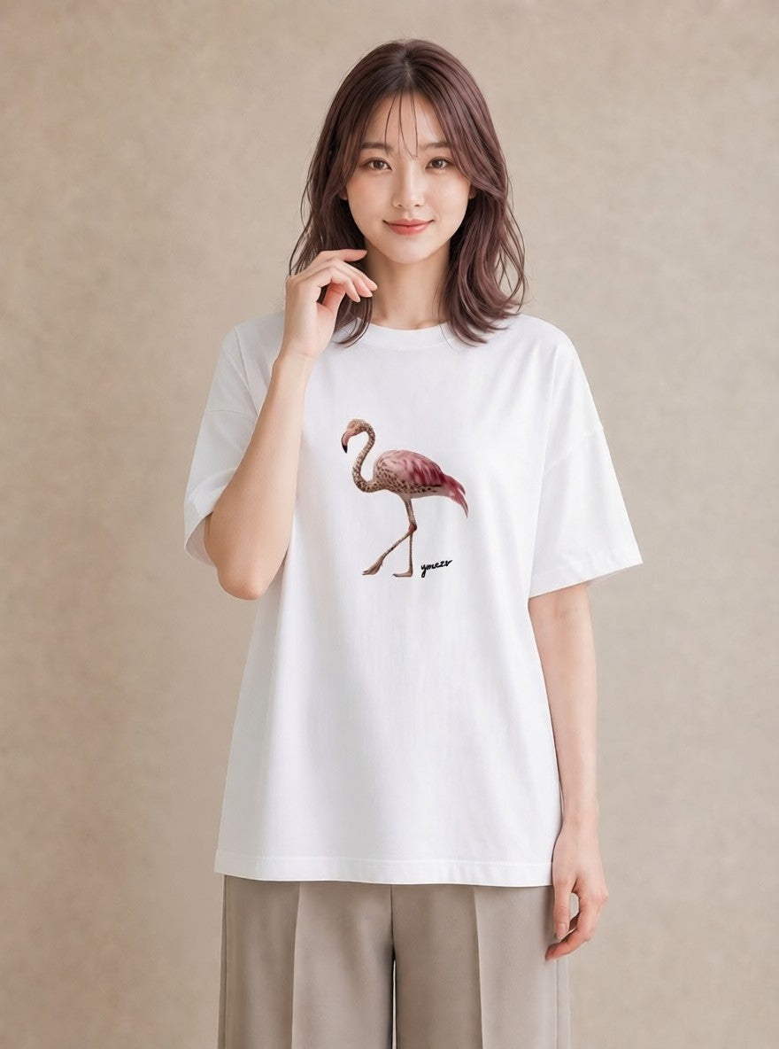 Tシャツ レディース フラミンゴ 動物 アニマル イラスト 抜け感 公園 ママ 白T YMAZO