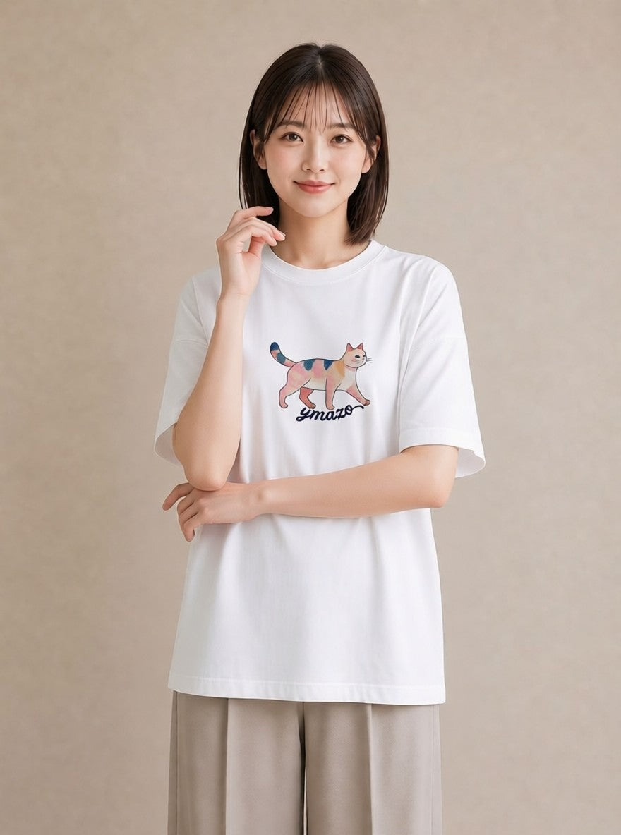 半袖Tシャツ レディース 猫好き 猫 ねこ イラスト レトロ 綿100 デート 白T YMAZO