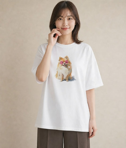 半袖Tシャツ レディース ポメラニアン ポメ 犬 いぬ イラスト ラフ 綿100 デート 白T YMAZO