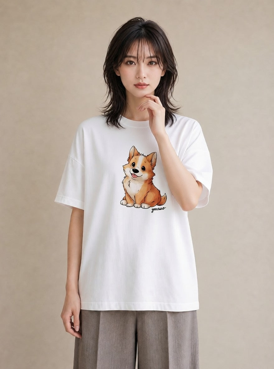 プリントTシャツ レディース ウェルシュコーギー コーギー 犬 いぬ イラスト ヴィンテージ風 旅行用 海 白T YMAZO