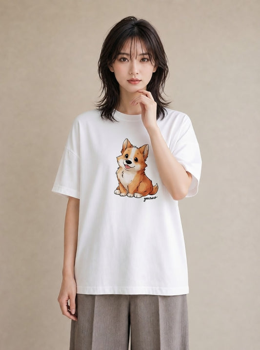 プリントTシャツ レディース ウェルシュコーギー コーギー 犬 いぬ イラスト ヴィンテージ風 旅行用 海 白T YMAZO