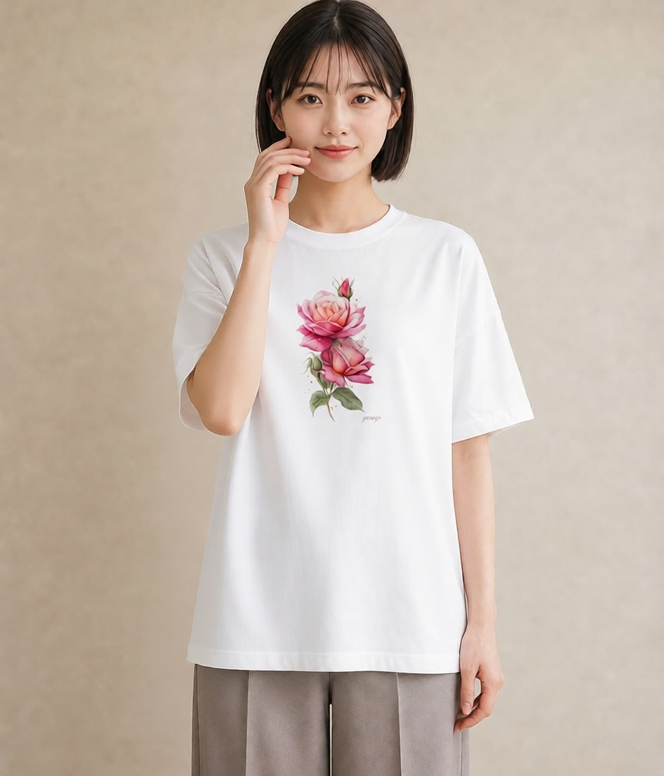 グラフィックTシャツ レディース バラ 薔薇 ローズ 花 花柄 イラスト 個性的 海 カフェ巡り 白T
