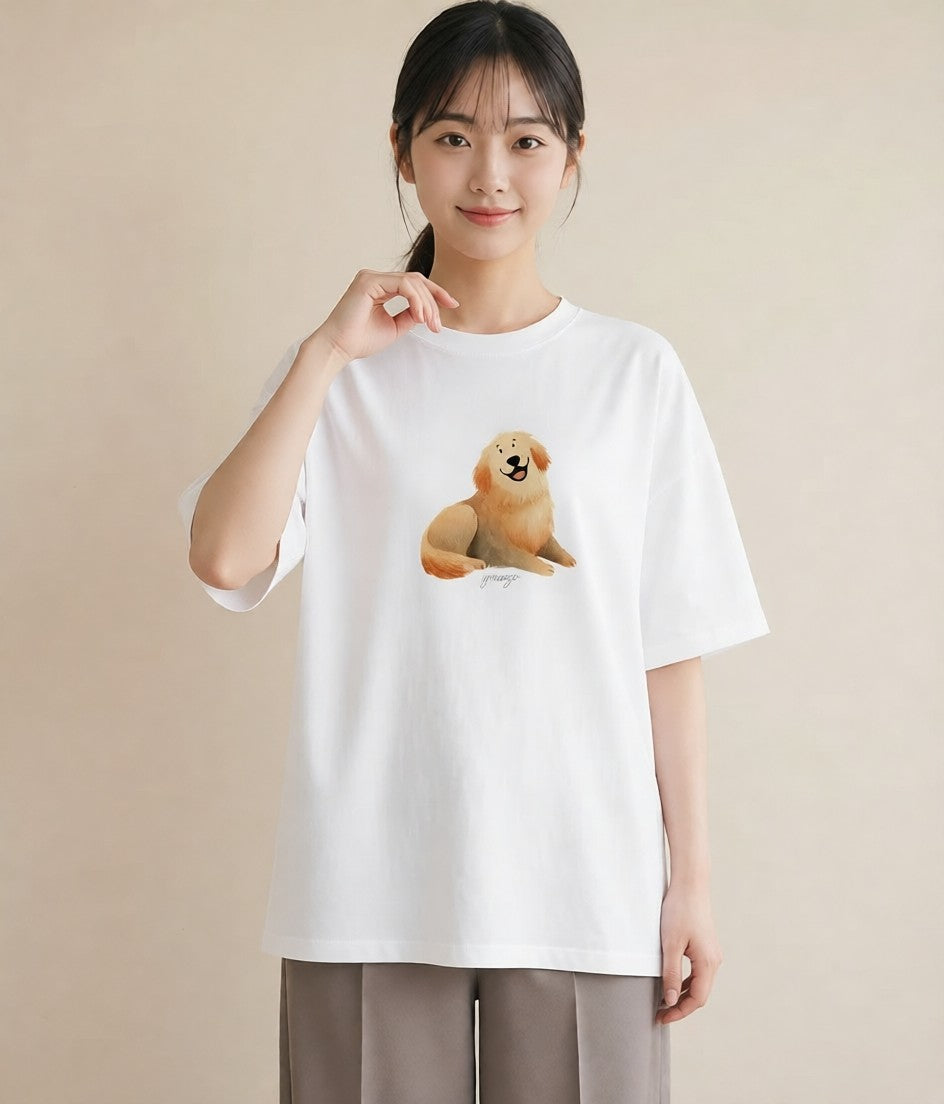 デザインTシャツ レディース ゴールデンレトリバー ゴールデン 犬 いぬ イラスト 上品 ミセス 春コーデ 白T YMAZO