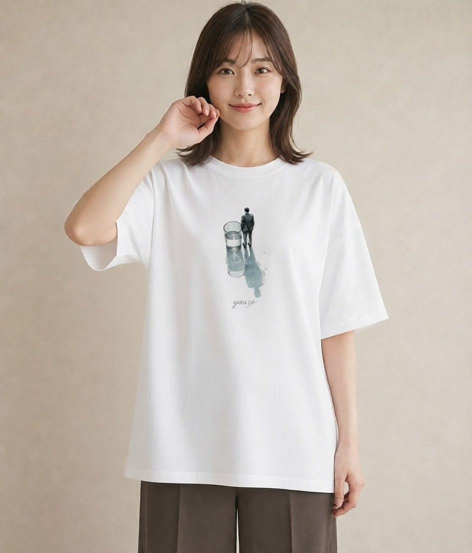 半袖Tシャツ レディース 傘 水たまり 雨 ナチュラル アンティーク イラスト 手描き風 ラフ レイヤード 白T YMAZO