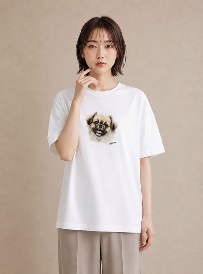 デザインTシャツ レディース 狆 犬 いぬ イラスト ヴィンテージ風 海 カフェ巡り 白T YMAZO