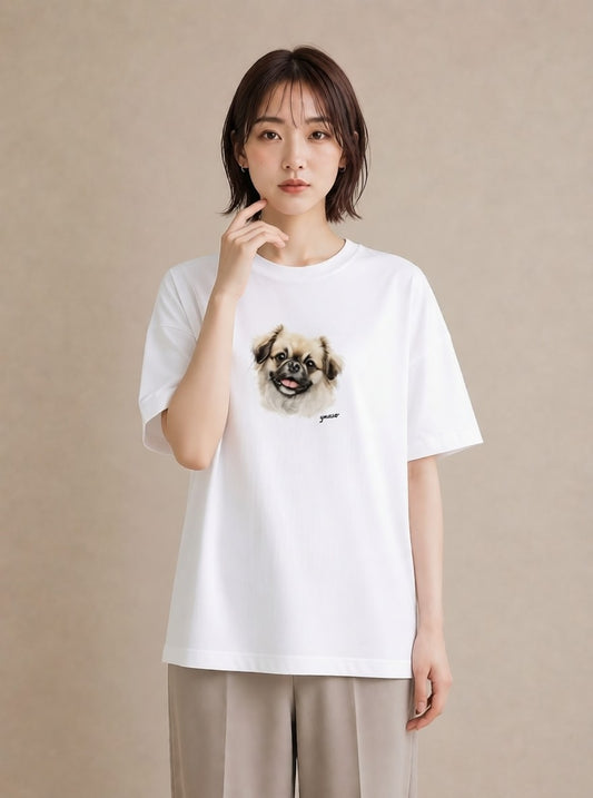 デザインTシャツ レディース 狆 犬 いぬ イラスト ヴィンテージ風 海 カフェ巡り 白T YMAZO