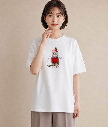 半袖Tシャツ レディース アメリカンショートヘア 猫 ねこ イラスト きれいめカジュアル 女性 旅行用 白T YMAZO