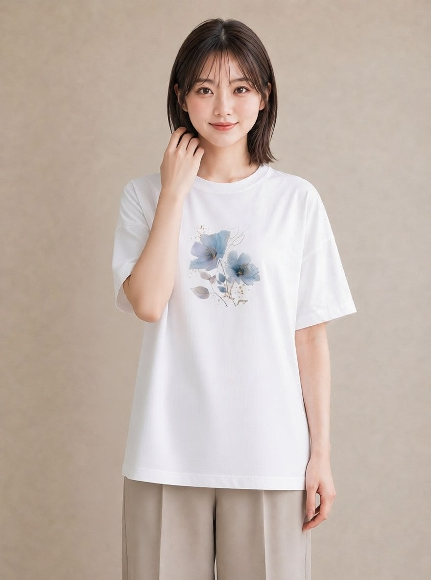 プリントTシャツ レディース あさがお 朝顔 花 花柄 イラスト 抜け感 通学 誕生日プレゼント 白T YMAZO