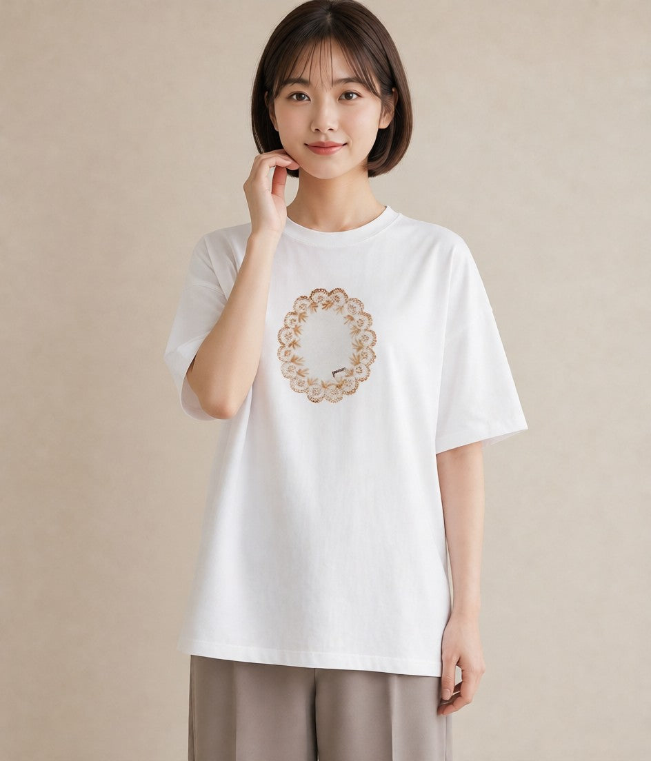 半袖Tシャツ レディース レースハンカチ レース ハンカチ ナチュラル アンティーク イラスト ユニーク ペアコーデ 秋コーデ 白T YMAZO