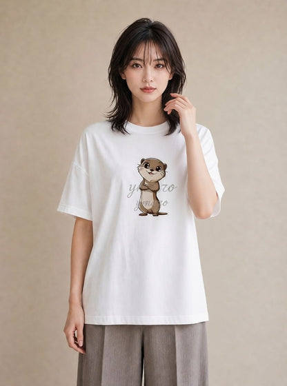 グラフィックTシャツ レディース カワウソ 動物 アニマル イラスト きれいめカジュアル ラフ レイヤード 白T YMAZO