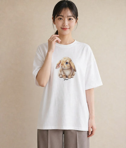 プリントTシャツ レディース ライオンラビット ペット 動物 イラスト ゆるコーデ 普段着 週末コーデ 白T YMAZO