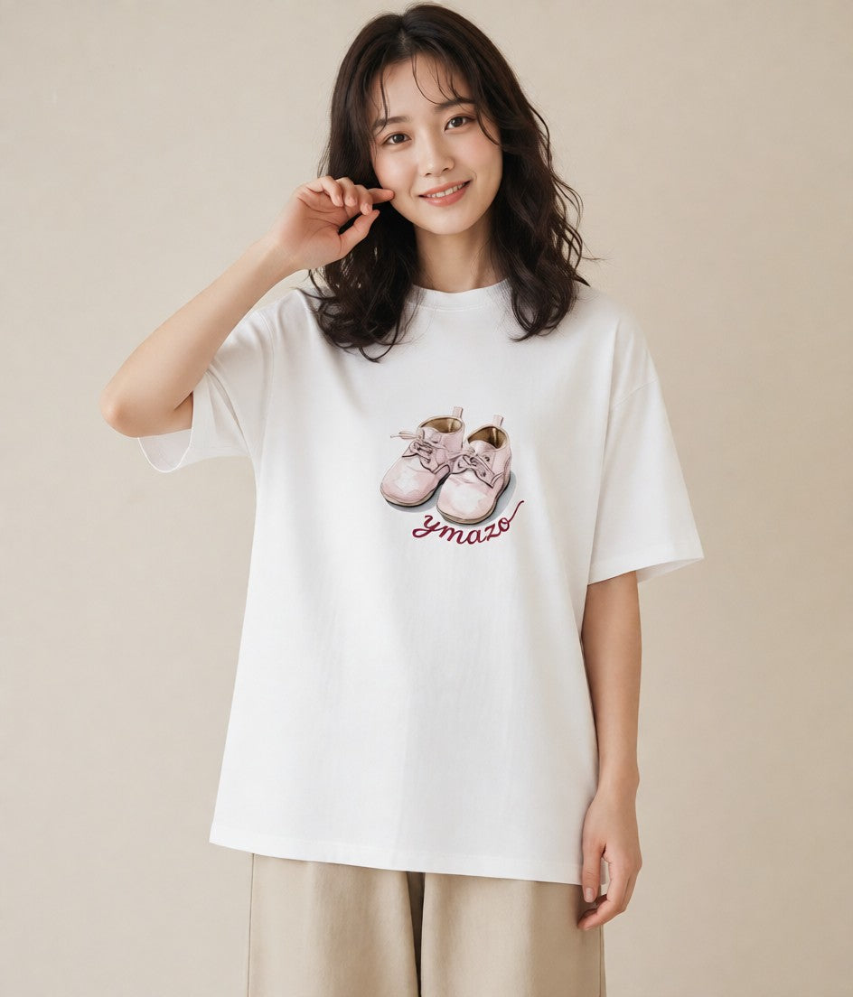プリントTシャツ レディース バレエシューズ バレエ トウシューズ ナチュラル アンティーク イラスト ゆるコーデ 帰省 ラフ 白T YMAZO