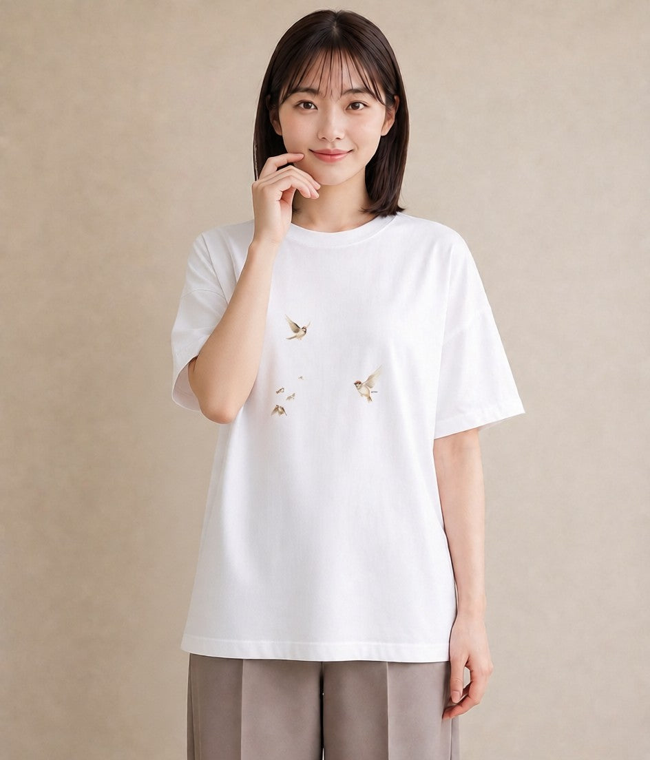 プリントTシャツ レディース 遠い家と鳥 風景 鳥 ナチュラル アンティーク イラスト ゆるコーデ 夏コーデ 通学 白T YMAZO