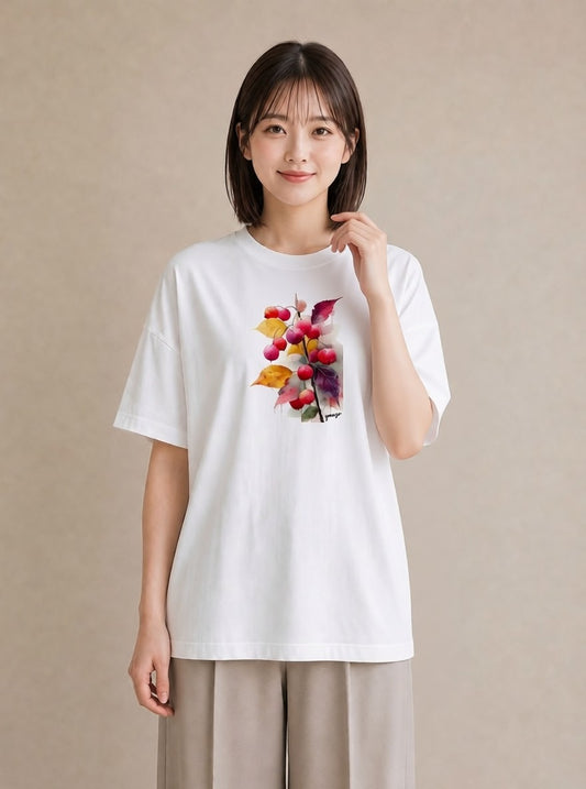 デザインTシャツ レディース 木の実 植物 ボタニカル イラスト カフェコーデ 買い物 夏コーデ 白T YMAZO