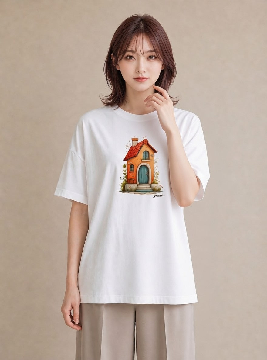 グラフィックTシャツ レディース 灯りの家 小屋 夜 ナチュラル アンティーク イラスト モード 友達ギフト 部屋着 白T YMAZO