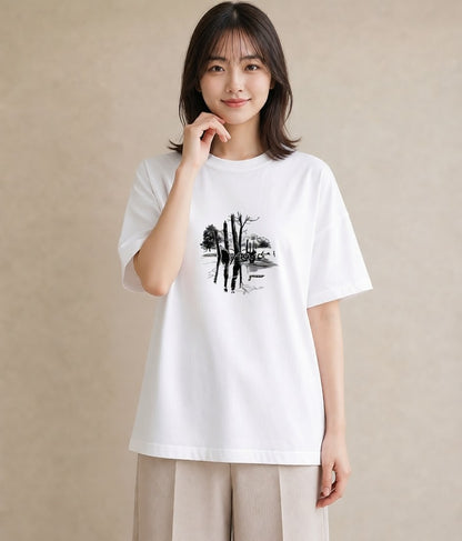 半袖Tシャツ レディース 小川 橋 せせらぎ ナチュラル アンティーク イラスト きれいめカジュアル 海 カフェ巡り 白T YMAZO