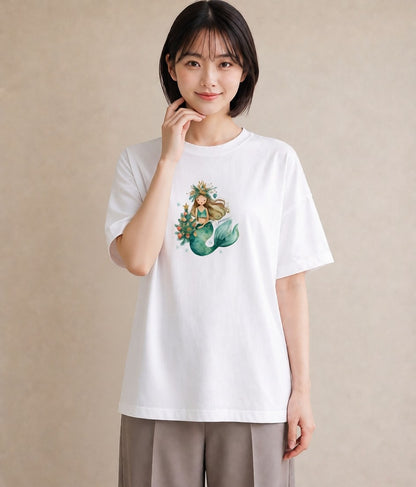 プリントTシャツ レディース 人魚 海の生き物 海 イラスト 個性的 通学 誕生日プレゼント 白T YMAZO
