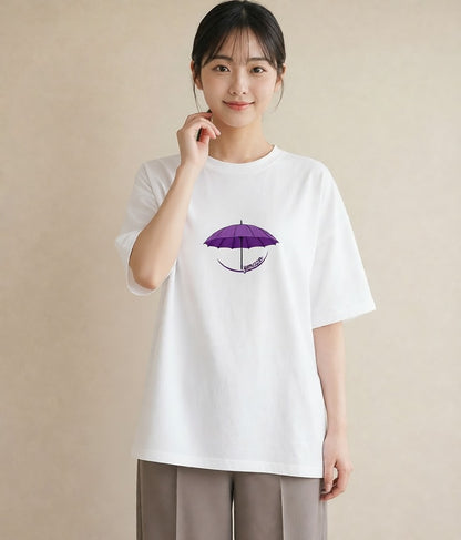 グラフィックTシャツ レディース 傘 水たまり 雨 ナチュラル アンティーク イラスト シンプル デイリーウェア 休日 白T YMAZO