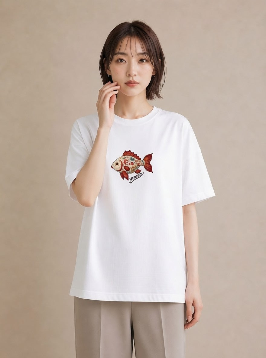 デザインTシャツ レディース 出目金 ペット 動物 イラスト ボタニカル ビーチ デイリーウェア 白T YMAZO