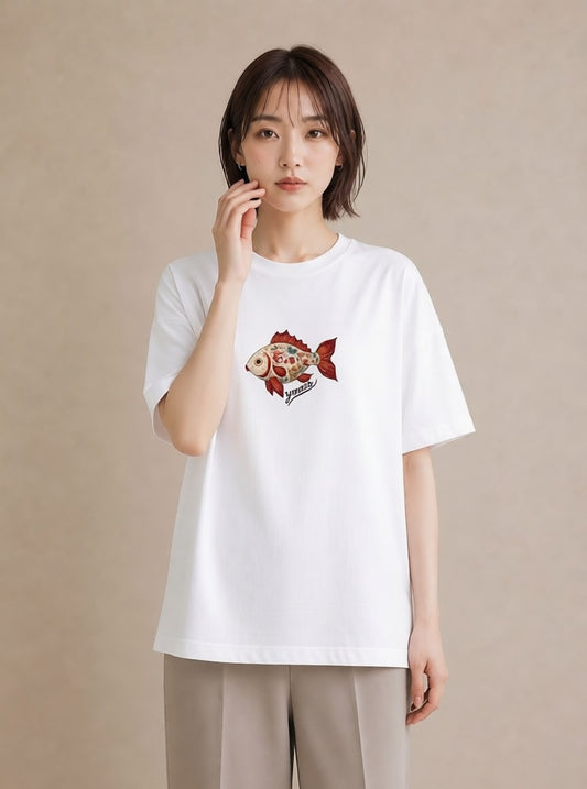デザインTシャツ レディース 出目金 ペット 動物 イラスト ボタニカル ビーチ デイリーウェア 白T YMAZO