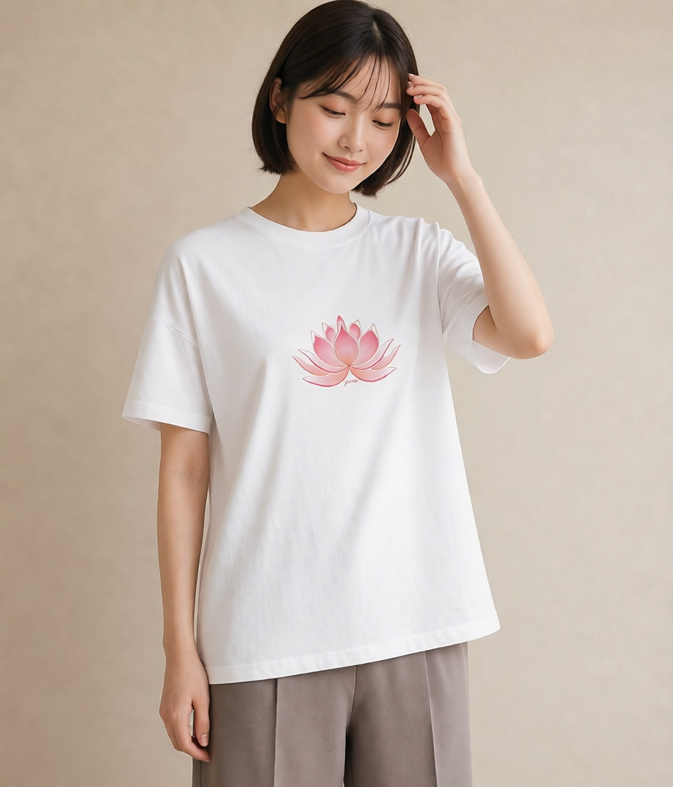 グラフィックTシャツ レディース 蓮 花 花柄 イラスト モード 休日 ペアコーデ 白T YMAZO