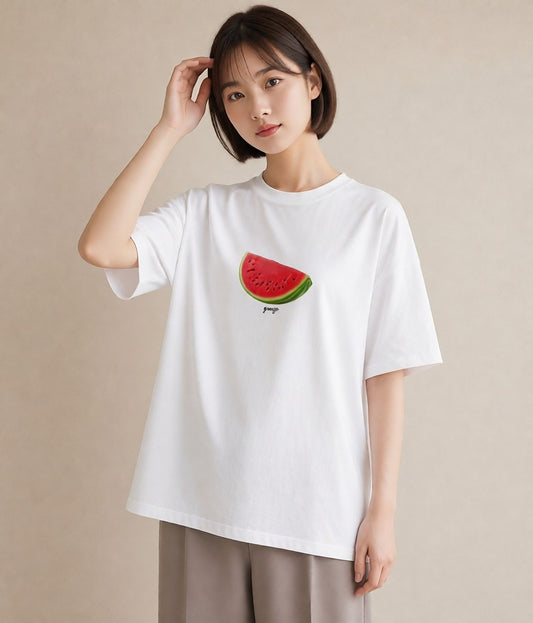 プリントTシャツ レディース すいか 食べ物 フード イラスト 韓国風 夏コーデ 通学 白T YMAZO
