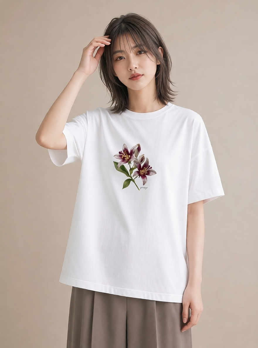 プリントTシャツ レディース ゆり 百合 花 花柄 イラスト カジュアル 社会人 女性 白T