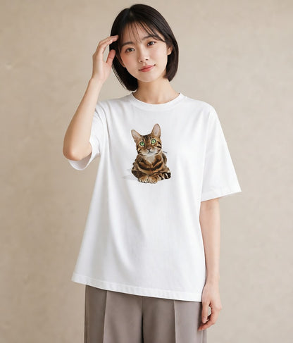 グラフィックTシャツ レディース 茶トラ 茶猫 猫 ねこ イラスト 普段使い 買い物 夏コーデ 白T YMAZO