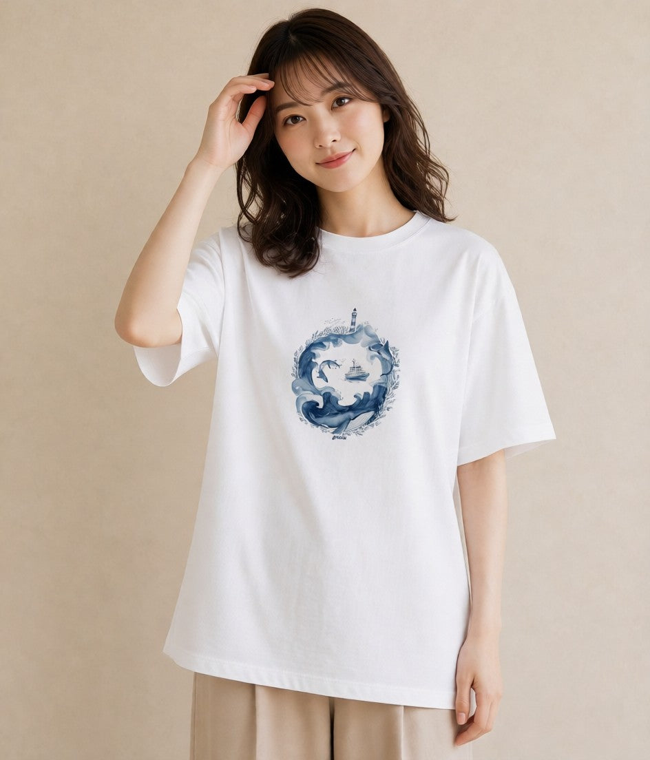Tシャツ レディース 海 星空 宇宙 イラスト 線画 春コーデ 姉妹 白T YMAZO