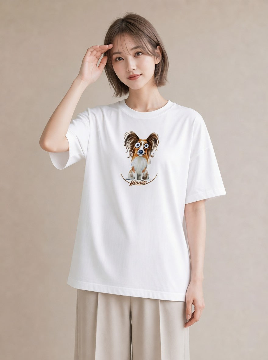 半袖Tシャツ レディース パピヨン 犬 いぬ イラスト ゆるコーデ 通勤 在宅 白T YMAZO