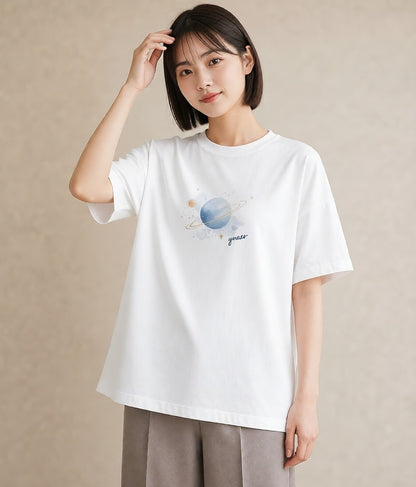 半袖Tシャツ レディース 宇宙 星空 イラスト アート風 カジュアルコーデ 買い物 白T YMAZO