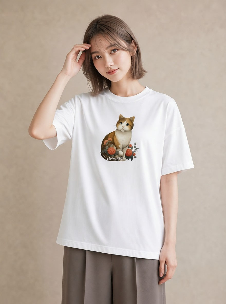 Tシャツ レディース 茶トラ 茶猫 猫 ねこ イラスト 水彩風 公園 ママ 白T YMAZO