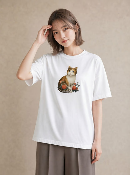 Tシャツ レディース 茶トラ 茶猫 猫 ねこ イラスト 水彩風 公園 ママ 白T YMAZO