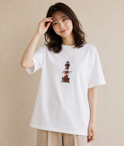 デザインTシャツ レディース 灯台 霧 海 ナチュラル アンティーク イラスト 休日コーデ 綿100 デート 白T YMAZO