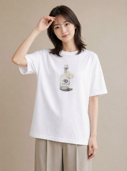 Tシャツ レディース ガラス瓶 小枝 ボタニカル ナチュラル アンティーク イラスト カジュアル 自分用 ルームウェア 白T YMAZO