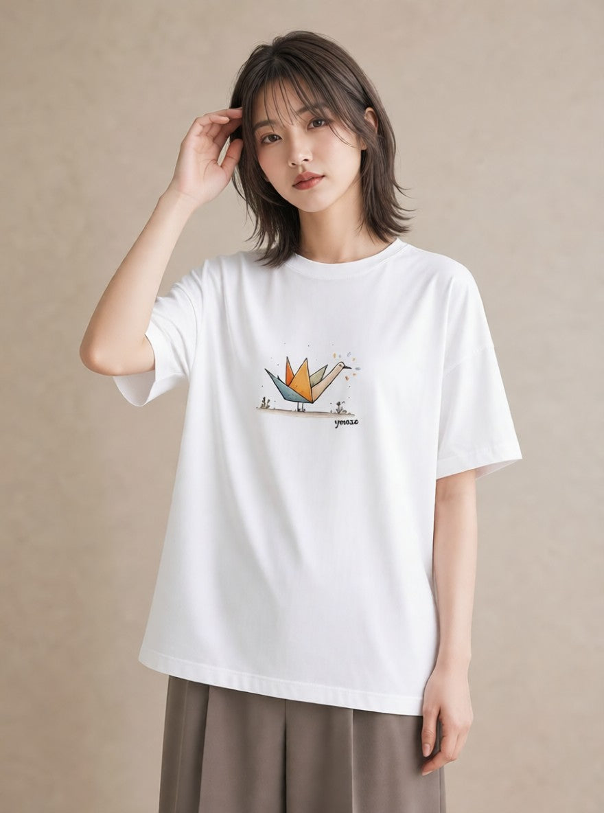 デザインTシャツ レディース 折り鶴 折り紙 ナチュラル アンティーク イラスト アート風 公園 ママ 白T YMAZO