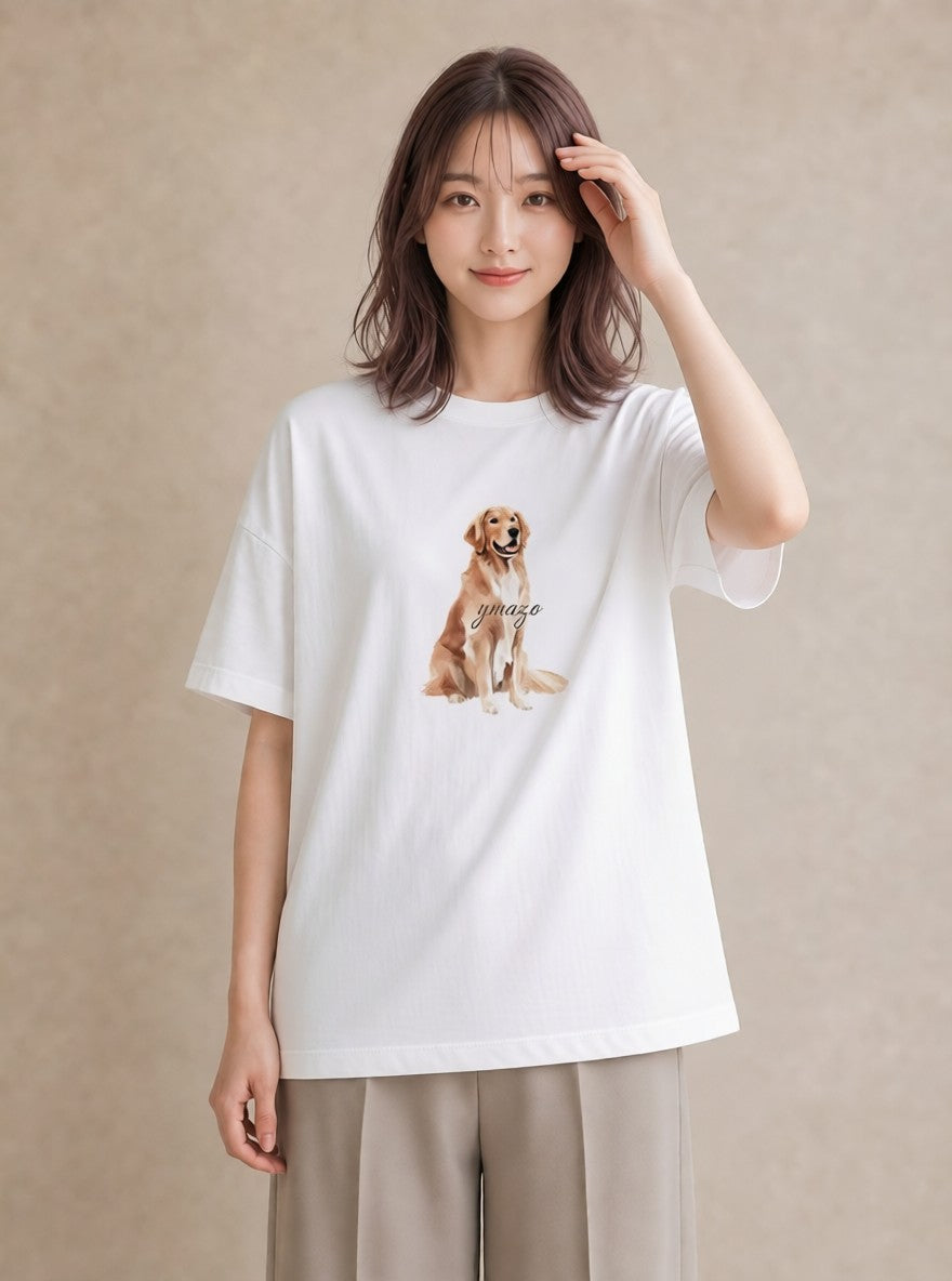 Tシャツ レディース ゴールデンレトリバー ゴールデン 犬 いぬ イラスト 淡色 カジュアルコーデ 買い物 白T YMAZO