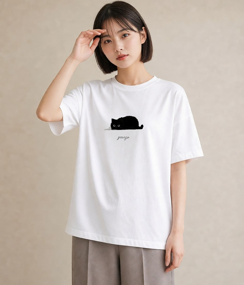 半袖Tシャツ レディース 黒猫 猫 ねこ イラスト ニュアンス 女性向けギフト 散歩 白T YMAZO