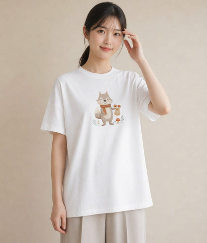 Tシャツ レディース たぬき 動物 アニマル イラスト シンプル お揃い 親子 白T YMAZO